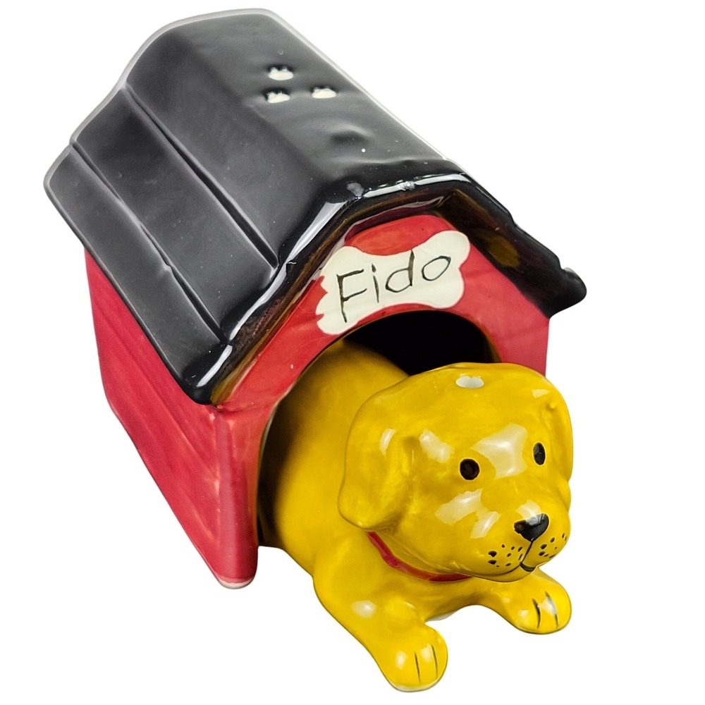 Pier 1 Yellow Dog Fido Doghouse Salt Pepper‎ Shaker Set Ceramic